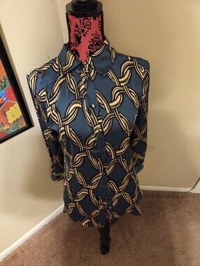 Industry Silky Blue Geometric Print Button-Up Blouse Large NWT